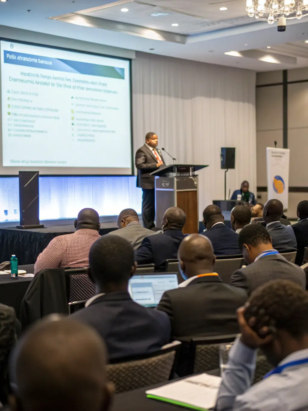 A picture of a business conference in Pretoria, with a focus on the audience's engagement during a keynote speech, emphasizing the interactive nature of the event.