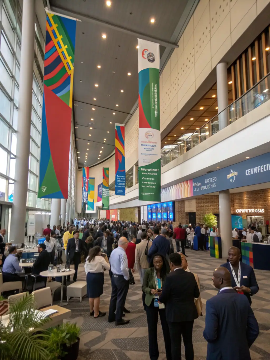 A vibrant photo of Durban's ICC, hosting a conference with diverse attendees, highlighting the city's business-friendly environment and cultural richness.