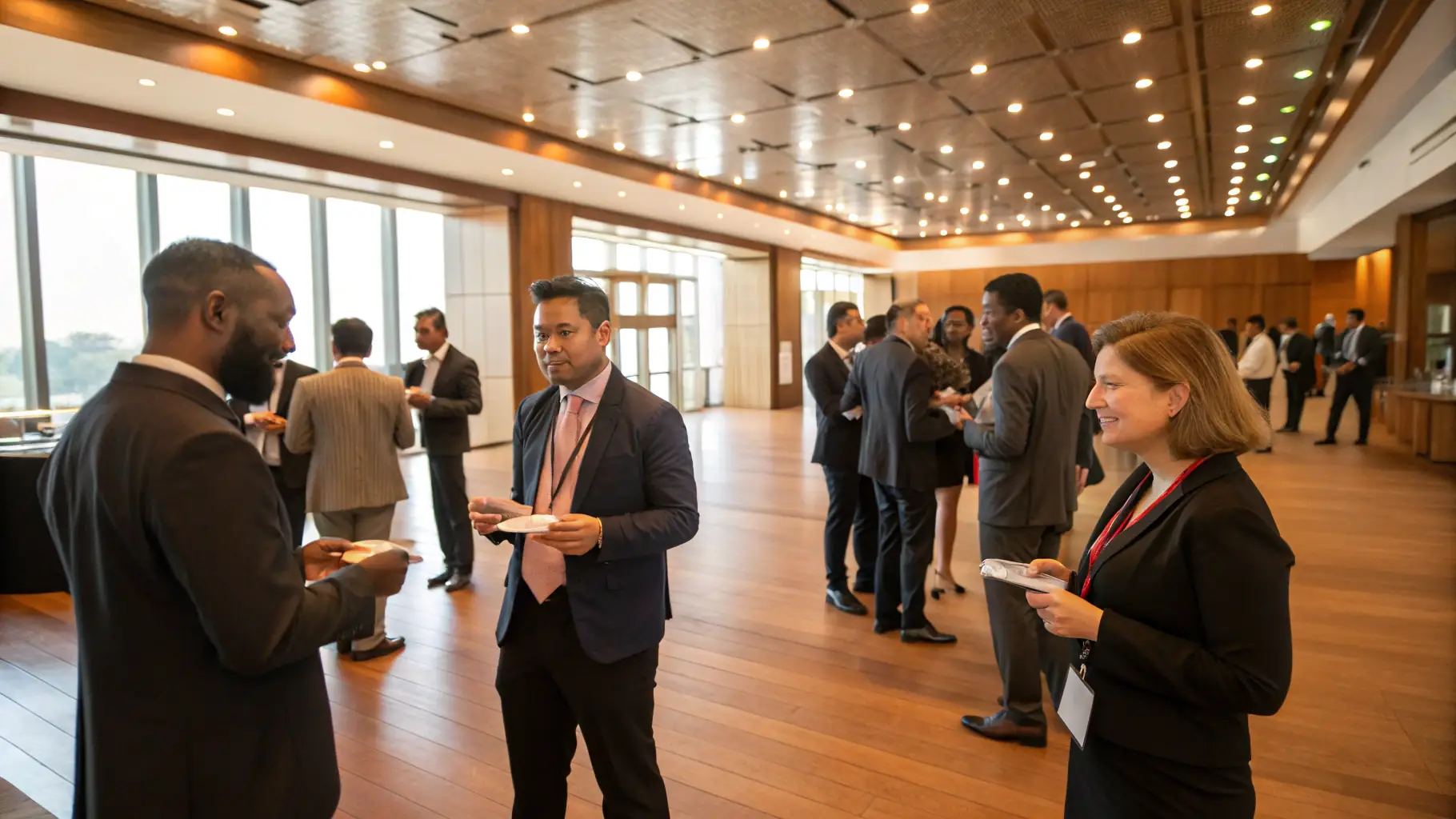 A group of people networking at a business conference, with sponsor logos subtly displayed in the background.